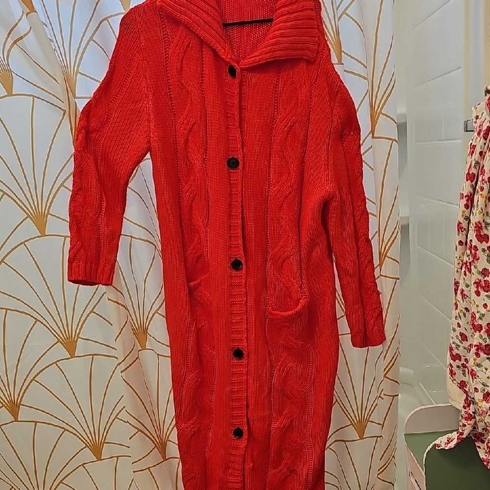 Cozy Red Cable Knit Long Sweater Button Down Cardigan With Pockets